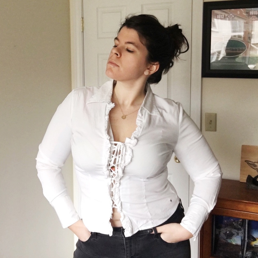 1990s Tommy Hilfiger STRETCH lace up ruffle blouse